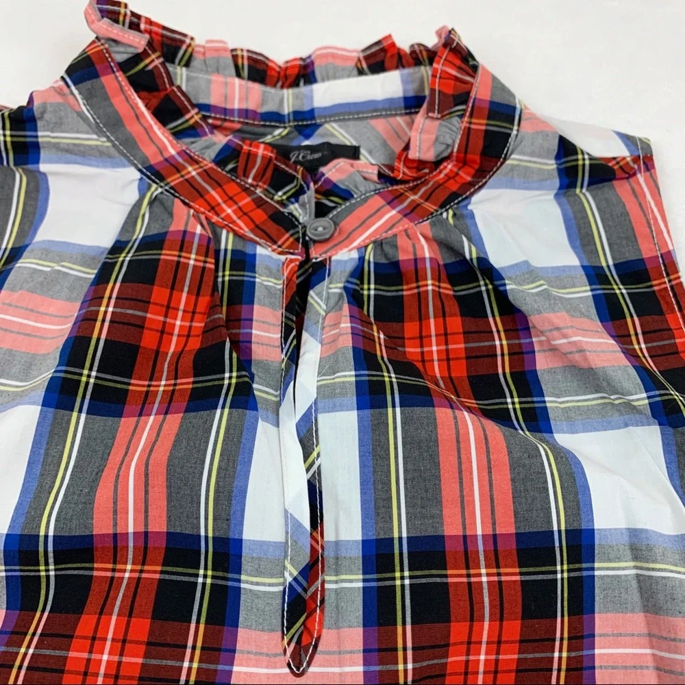 J Crew Ruffle Neck Cotton Plaid Top Holliday‎